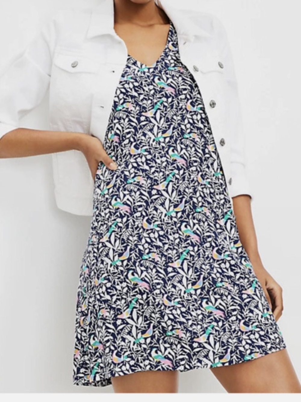 Loft Navy Floral Bird V-Neck Cross back Pull On Summer Dress Size XS